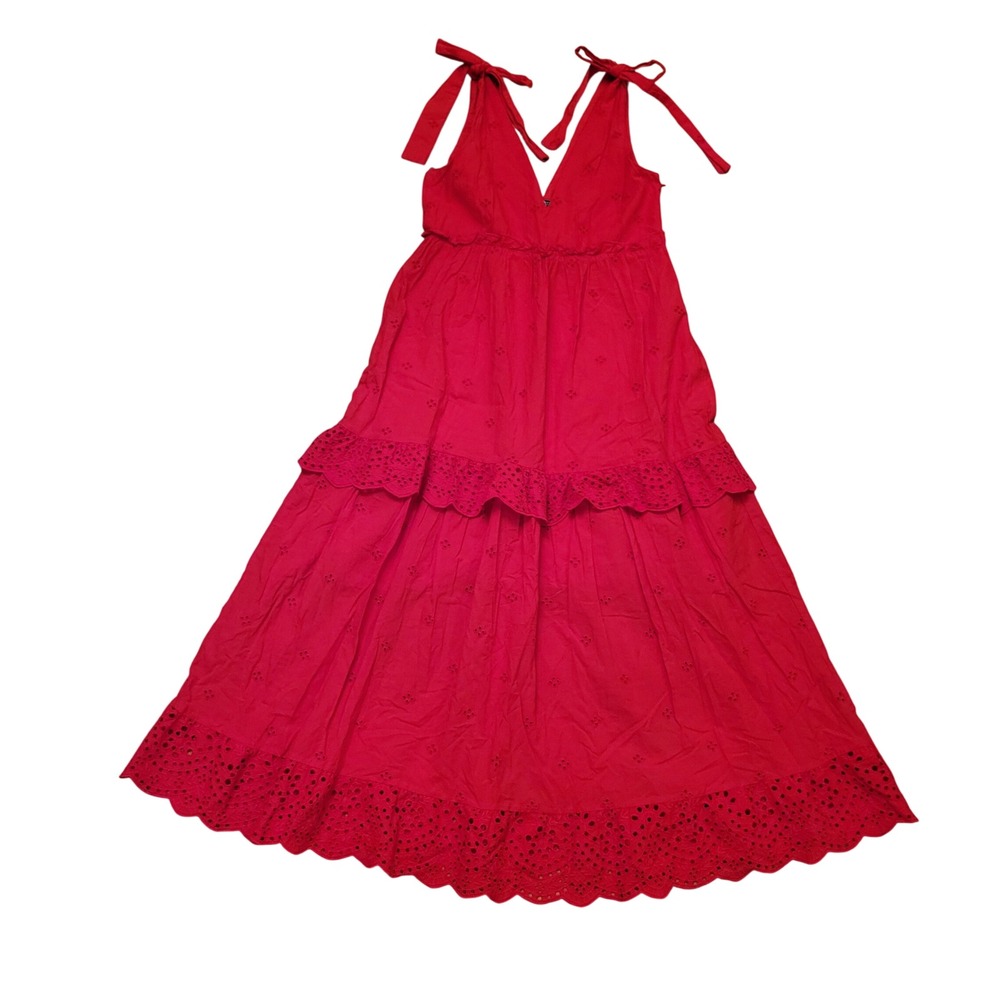 Zara S Midi Dress Red Eyelet Lace Embroidered Tiered Tie Strap Boho Summer Beach